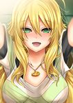  bad_id bad_pixiv_id blonde_hair breasts collarbone green_eyes hoshii_miki idolmaster idolmaster_(classic) inu_(marukome) jewelry long_hair medium_breasts necklace open_mouth pendant shirt short_sleeves smile solo upper_body 