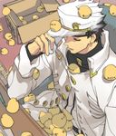  animal animal_in_clothes animal_on_arm animal_on_head animal_on_shoulder bird bird_on_arm bird_on_head bird_on_lap bird_on_shoulder black_hair box chair chick closed_eyes earrings from_above hat jewelry jojo_no_kimyou_na_bouken kuujou_joutarou long_coat male_focus on_head pen phone solo too_many too_many_birds too_many_chicks toujou_sakana turtleneck 