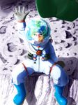  artist_name artist_request blue_hair blurry crater depth_of_field earth footprints gloves green_eyes hand_up hat headwear_removed helmet highres kawashiro_nitori key light looking_at_viewer looking_up moon reflection shadow sitting smile solo space spacesuit touhou water 
