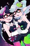  :d absurdres aori_(splatoon) black_hair breasts cleavage cousins domino_mask dress earrings erin_(honey_glows) fangs food food_on_head green_legwear highres hotaru_(splatoon) interlocked_fingers jewelry long_hair mask mole mole_under_eye multiple_girls object_on_head open_mouth orange_eyes pantyhose pointy_ears purple_legwear silver_hair small_breasts smile sparkle splatoon_(series) splatoon_1 strapless strapless_dress sushi tentacle_hair 