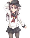  akatsuki_(kantai_collection) akatsuki_(kantai_collection)_(cosplay) amano_kouki anchor_symbol black_legwear black_skirt brown_hair cosplay flat_cap hat highres kantai_collection long_hair long_sleeves neckerchief pantyhose pleated_skirt red_neckwear remodel_(kantai_collection) revision school_uniform serafuku skirt smile solo zuihou_(kantai_collection) 