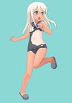  :o aqua_background blue_eyes crop_top flower full_body hair_flower hair_ornament kantai_collection knees_together_feet_apart long_hair navel one-piece_tan open_mouth ro-500_(kantai_collection) school_swimsuit shoes silver_hair simple_background slippers solo standing standing_on_one_leg swimsuit tan tanline tekitoo torn_clothes torn_swimsuit 