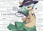  aqua_hair blouse bow english engrish finger_to_mouth frilled_shirt_collar frilled_sleeves frills green_eyes green_skirt hair_over_one_eye hat hat_bow heart heart_of_string jpeg_artifacts komeiji_koishi long_sleeves nagaresimasu ranguage shirt skirt smile solo third_eye touhou yellow_shirt 