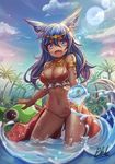  :d animal_ears armband blue_eyes blue_hair breasts circlet cleavage dark_skin day fang jewelry large_breasts navel necklace open_mouth original palm_tree qblade sky smile solo tail tree water wet 
