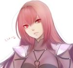  bodysuit fate/grand_order fate_(series) jun_(ash) long_hair parted_lips pauldrons red_eyes red_hair scathach_(fate)_(all) scathach_(fate/grand_order) simple_background smile solo upper_body white_background 