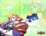  akaga_hirotaka arcana_heart arcana_heart_3 armpits bangs bare_shoulders blue_eyes blunt_bangs blush breasts character_name cleavage copyright_name crossed_arms dress drill_hair dual_wielding earrings elbow_gloves fighting_stance flower frown gloves glowing gun hair_flower hair_ornament handgun holding jewelry large_breasts logo long_hair necklace official_art open_mouth orange_hair pendant petra_johanna_lagerkvist rose solo sparkle twin_drills very_long_hair wallpaper weapon white_flower white_rose 
