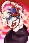  alternate_eye_color alternate_hair_color blue_eyes blue_hair blush bow capelet cube_(circussion) frills hat hat_bow highres nagae_iku shawl solo touhou 
