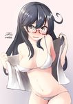  ahoge bad_id bad_pixiv_id bespectacled black_hair blush bra breasts dated glasses kantai_collection large_breasts long_hair nekobaka open_clothes open_mouth panties red-framed_eyewear semi-rimless_eyewear solo twitter_username under-rim_eyewear underwear ushio_(kantai_collection) 