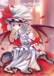  aru16 ascot bat_wings blue_hair bow brooch hat hat_bow highres jewelry petals red_eyes remilia_scarlet sash solo touhou wings wrist_cuffs 