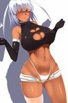  breasts commentary_request dark_skin elbow_gloves gloves hair_over_eyes highleg highleg_panties highres huge_breasts midriff navel open_mouth original panties shorts silver_hair solo souma_(ordures) thong tsuwabuki_(souma_(ordures)) underwear w_arms 