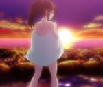  1girl back blue_eyes brown_hair cloud kazama_levi looking_at_viewer looking_back naked_towel open_mouth outdoors ponytail screencap seven_arcs sky standing stitched sunset tied_hair towel trinity_seven 