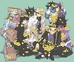  bird black_hair blue_eyes box chain chick crazy_diamond gakuran hat higashikata_jousuke jojo_no_kimyou_na_bouken kuujou_joutarou long_coat male_focus multiple_boys multiple_persona pompadour school_uniform stand_(jojo) star_platinum too_many too_many_birds too_many_chicks toujou_sakana turtleneck 