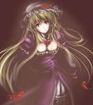  blonde_hair breasts cleavage darkness dress fukunaga_kazuhiro hair_ribbon hat highres large_breasts long_hair looking_at_viewer mob_cap purple_dress red_eyes ribbon smile solo touhou tress_ribbon very_long_hair yakumo_yukari 