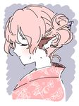  alternate_hairstyle animal_ears bajinappo blush closed_eyes floral_print hair_bun hair_ornament hair_stick japanese_clothes mystia_lorelei parted_lips profile simple_background solo sweat touhou upper_body 