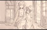  2girls alternate_costume animal_ears barefoot border bunny_ears carrot detached_sleeves door eyes_closed full_body head_tilt inaba_tewi long_hair long_sleeves monochrome multiple_girls on_floor open_mouth reisen_udongein_inaba shirt short_hair short_sleeves sitting sketch skirt sleeping touhou yushika 