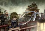  absurdres against_railing architecture blonde_hair blurry bridge building cityscape crossed_arms depth_of_field east_asian_architecture green_eyes highres mizuhashi_parsee pointy_ears railing sakkun2014 scarf short_hair short_sleeves solo touhou upper_body wind 