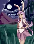  animal_ears backlighting bamboo bunny_ears cloud expressionless field formerly full_moon grass hand_on_hip long_hair looking_at_viewer looking_to_the_side moon mountain necktie night night_sky puffy_short_sleeves puffy_sleeves purple_hair purple_skirt red_eyes red_neckwear reisen_udongein_inaba short_sleeves skirt sky solo standing thighs tie_clip touhou very_long_hair wind 