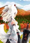  animal_ears bare_shoulders detached_sleeves hat inubashiri_momiji lake mountain paprika_shikiso red_eyes revision scenery short_hair skirt sleeves_past_wrists solo sword tail tokin_hat touhou tree water weapon white_hair wolf_ears wolf_tail youkai_mountain 