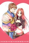  1girl amiemie armor bouquet breasts brown_hair cleavage crossed_arms flower flying_sweatdrops garen_crownguard highres katarina_du_couteau knife large_breasts league_of_legends midriff navel open_mouth red_eyes red_hair rose scar scar_across_eye sketch throwing_knife weapon 