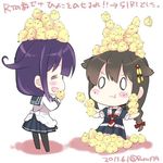  2girls :d :t =_= aikawa_ruru bird black_serafuku black_skirt braid brown_hair chibi chick dated hair_ribbon kantai_collection long_hair lowres multiple_girls neckerchief open_mouth pantyhose pleated_skirt pout red_ribbon remodel_(kantai_collection) ribbon school_uniform serafuku shigure_(kantai_collection) short_sleeves single_braid skirt smile taigei_(kantai_collection) translated tress_ribbon twitter_username 