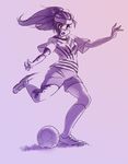  alternate_costume alternate_hairstyle ball burn_scar hair_up headband heart ikezawa_hanako katawa_shoujo kicking monochrome open_mouth ponytail rtil scar shoes shorts sneakers soccer_ball socks solo sportswear 