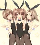  :d animal_ears breasts brown_eyes brown_hair bunny_ears bunny_girl bunny_tail bunnysuit detached_collar eyebrows_visible_through_hair flat_chest girl_sandwich holding_hands kantai_collection ki_(kk-sk-ray) multiple_girls open_mouth pantyhose ponytail revision ryuujou_(kantai_collection) sandwiched short_hair small_breasts smile taihou_(kantai_collection) tail thigh_gap twintails wrist_cuffs zuihou_(kantai_collection) 