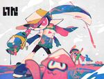  2girls animal baseball_cap bike_shorts blue_hair chromatic_aberration domino_mask goggles goggles_on_head hat holding inkling long_hair mask monster_boy monster_girl multiple_girls paint paint_splatter pink_eyes pointy_ears reflection reflective_floor shirt splatoon_(series) splatoon_1 squid super_soaker suzuka_g tentacle_hair 