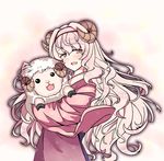  90i blush highres horns open_mouth original pink_eyes pink_hair sheep sheep_girl sheep_horns smile 