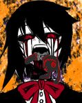  athisu black_hair blood blood_from_mouth bloody_tears bunny crazy_eyes face highres horror_(theme) houjuu_nue neck_ribbon open_mouth portrait raised_eyebrows red_eyes red_pupils ribbon short_hair smoke solo stuffed_animal stuffed_toy teeth torn touhou 