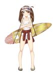  absurdres alternate_costume brown_eyes brown_hair clothes_around_waist crossed_arms flight_deck highres jacket_around_waist kantai_collection long_hair md5_mismatch one-piece_swimsuit reon-shi ryuujou_(kantai_collection) sandals surfboard swimsuit twintails visor_cap 