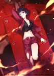  1girl blue_eyes blue_hair ghost_in_the_shell ghost_in_the_shell:_new_movie_edition ghost_in_the_shell_arise highres kusanagi_motoko logicoma lying midriff navel on_back ryo_ueda short_hair solo torn_clothes ueda_ryou 