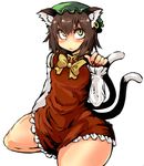  animal_ears bad_id bad_pixiv_id blush brown_hair cat_ears cat_tail chen earrings hat hosoi_kouzou jewelry multiple_tails nekomata red_eyes short_hair simple_background solo tail touhou two_tails white_background 