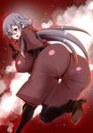  ass bad_id bad_pixiv_id bent_over boots breasts cameltoe commentary_request covered_nipples dragon_yukano high_heels huge_breasts long_hair looking_back ninja ninja_slayer perepere-kun purple_eyes silver_hair solo 
