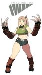  accio boots breasts claws drill eyebrows fang gloves green_eyes highres large_breasts long_hair looking_at_viewer midriff original pink_hair ponytail short_shorts shorts simple_background solo thighs white_background 