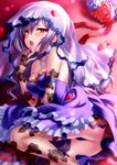  bare_shoulders elbow_gloves fishnets gloves highres idolmaster idolmaster_cinderella_girls jewelry kanzaki_ranko long_hair necklace open_mouth petals red_eyes silver_hair solo veil zen 