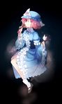  ;) bad_id bad_pixiv_id black_background blue_dress bow bowtie bug butterfly dress fan frilled_dress frills full_body hat insect japanese_clothes kimono long_sleeves looking_at_viewer mary_janes mob_cap no_nose obi one_eye_closed pink_eyes pink_hair puffy_sleeves ribbon saigyouji_yuyuko sash shoes short_hair simple_background smile socks solo touhou triangular_headpiece veil white_legwear wide_sleeves wu_li 