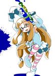  :d animal_costume bow cosplay domino_mask elbow_gloves gloves happyswan highres holding ichihara_nina idolmaster idolmaster_cinderella_girls inkling inkling_(cosplay) kigurumi leg_up light_brown_eyes light_brown_hair long_hair mask open_mouth pantyhose smile solo splatoon_(series) splatoon_1 splattershot_(splatoon) squid squid_costume striped striped_legwear super_soaker white_gloves 