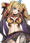  blonde_hair blue_eyes breasts cleavage granblue_fantasy large_breasts light_smile long_hair looking_at_viewer midriff navel pupps simple_background smile solo white_background zeta_(granblue_fantasy) 