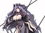  1girl armor between_breasts breasts brown_eyes camilla_(fire_emblem) camilla_(fire_emblem_if) cleavage curly_hair elbow_gloves female fire_emblem fire_emblem_if gauntlets gloves hair_ornament hair_over_one_eye large_breasts long_hair looking_at_viewer panties purple_hair simple_background smile solo strap underwear weapon 
