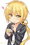  binsen black_serafuku blonde_hair eating food heart kantai_collection long_hair long_sleeves low_twintails neckerchief pudding sailor_collar satsuki_(kantai_collection) school_uniform serafuku simple_background solo spoon spoon_in_mouth twintails twitter_username white_background yellow_eyes 