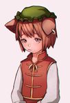  animal_ears brown_eyes brown_hair cat_ears chen chromatic_aberration hat highres jewelry long_sleeves looking_at_viewer md5_mismatch mob_cap resized ryonma shirt short_hair simple_background single_earring solo touhou upper_body upscaled vest 