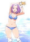  aomi_rinka areola_slip areolae bikini blue_bikini blush feet_out_of_frame gloves headband inoue_sora knee_pads mai_ball! midriff ocean open_mouth purple_eyes purple_hair smile solo stretch swimsuit water 