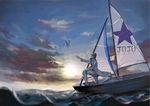  bird black_hair blurry boat cloud cloudy_sky hat highres jojo_no_kimyou_na_bouken kuujou_joutarou long_coat male_focus ocean sailboat seagull shiroi_cha sky solo star sun watercraft 