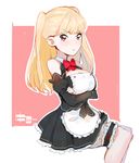  alternate_costume apron bangs bare_shoulders blonde_hair blush breasts crossed_arms dream_c_club dream_c_club_(series) ekao enmaided large_breasts long_hair looking_at_viewer maid red_eyes sitting solo thigh_strap tokyo_7th_sisters two_side_up uesugi_u_kyouko 