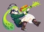  :p ankle_boots bike_shorts blue_eyes boots domino_mask earmuffs full_body green_hair green_shirt grey_background inkling jacket long_sleeves mask minamo25 paint shirt simple_background smile solo splatoon_(series) splatoon_1 splattershot_(splatoon) super_soaker tentacle_hair tongue tongue_out track_jacket 