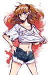  :d blue_eyes denim hand_on_hip jeans navel neon_genesis_evangelion open_mouth orange_hair panties pants shirt_pull smile solo souryuu_asuka_langley striped striped_panties takanashi_ringo underwear 