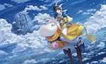  black_hair blue_eyes cloud day gloves hat houshin_engi moai_(aoh) riding short_hair sky suupuushan taikoubou 