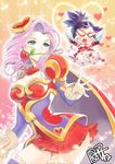  ashe_(league_of_legends) black_hair blue_eyes cape chibi dakun fingerless_gloves flower flower_in_mouth glasses gloves hair_ornament heart heart_hair_ornament heartseeker_ashe heartseeker_vayne league_of_legends mouth_hold multiple_girls pink_hair ponytail rose shauna_vayne striped striped_legwear thighhighs wings 