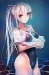  breasts collarbone competition_swimsuit covered_navel groin highleg highleg_swimsuit highres long_hair looking_at_viewer medium_breasts one-piece_swimsuit original ponytail red_eyes see-through shirt smile solo swimsuit t-shirt taishi_(picchiridou) tsuru-chan wet white_hair 
