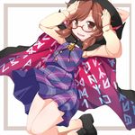  brown_eyes brown_hair cape clothes_writing dress glasses hat hat_ribbon long_sleeves looking_at_viewer nikku_(ra) open_mouth purple_dress red-framed_eyewear ribbon shirt smile solo touhou usami_sumireko 